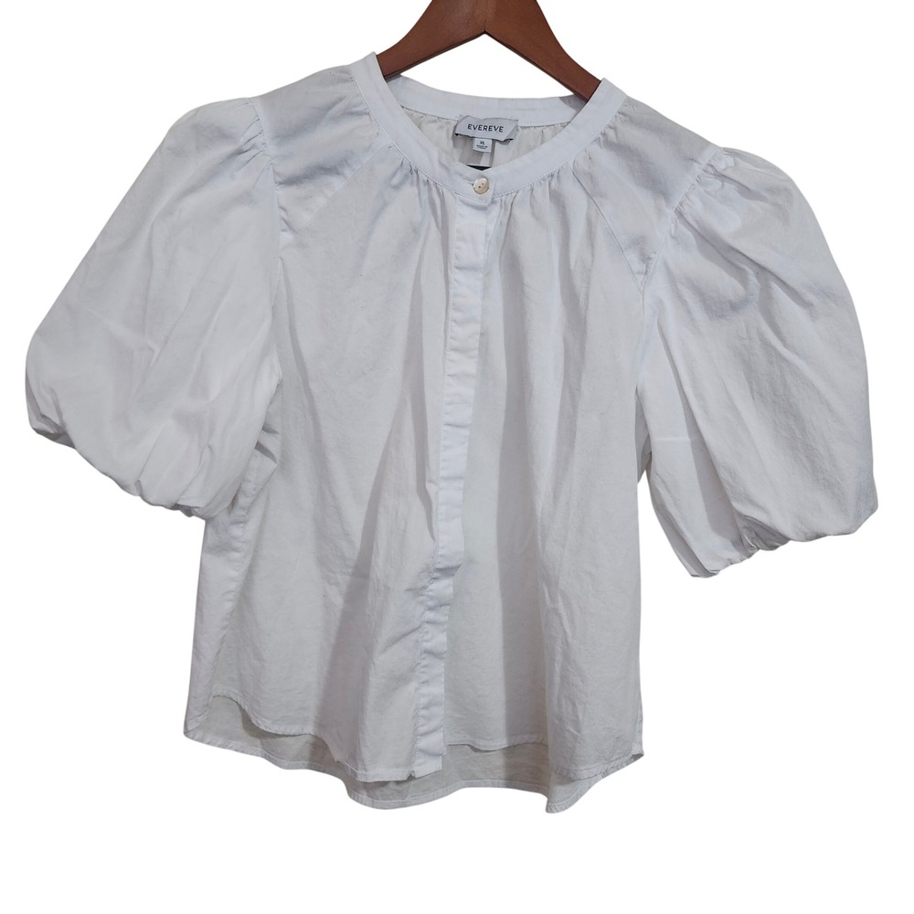Evereve Felix Puff Sleeve Poplin Top Blouse Women's XL White Button Front Cotton